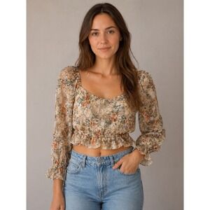 FRAY Floral Puff Sleeve Crop Top Cottagecore Romantic Sheer Boho M
